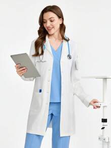 TaskEZ Einfacher, einfach geknöpfter Laborkittel mit langen Ärmeln mit Tasche/Weißer Kittel