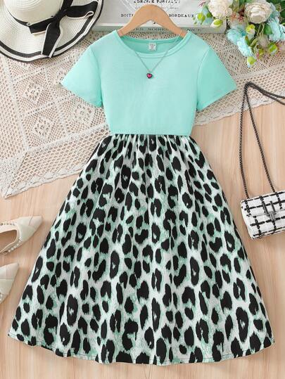 Sparklyn Tween Girls Short Sleeve Knit Patchwork Leopard Print Casual Dress, Comfortable And Fashionable For Everyday & Outdoor Wear, Spring/Summer Girls Clothes Dresses