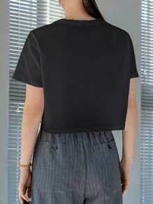 Dazy-Less Áo thun crop top cổ tròn trơn phong cách cổ điển dành cho nữ công sở mùa hè - màu đen - Xem 3