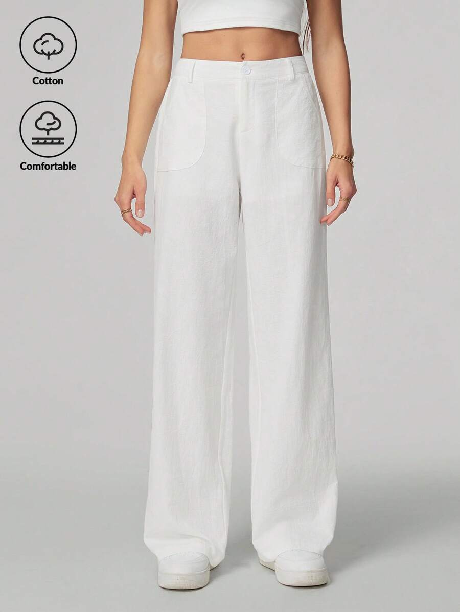 SHEIN Tall 休闲纯色宽松低腰阔腿裤 - 白色 - 查看 1