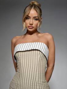 MISSGUIDED 对比条纹折叠抹胸迷你连衣裙可爱太阳裙 - 卡其色 - 查看 5