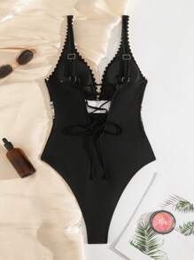 SHEIN Swim Women's One-Piece Swimsuit, Casual Vacation Party Tight Solid Color Beachwear For Summer - Black - View 4