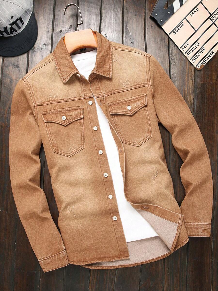 Manfinity Homme 男士长袖单排扣休闲口袋牛仔衬衫 - 棕色 - 查看 1