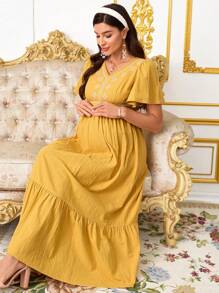 SHEIN Mutterschaftskleid mit floralen Prints, V-Ausschnitt, Rüschen an den Ärmeln, elegantes Design - Gelb - Übersicht 1