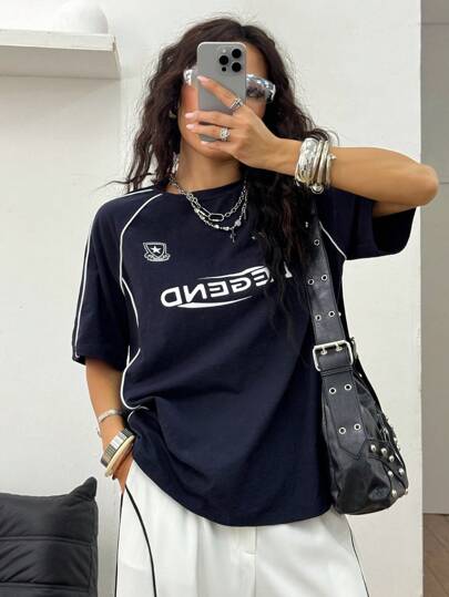 Coolane Damen Sommer Street-Style Y2K cooles Event Letter bedrucktes farblich abgesetztes Kurzarm blaues T-Shirt