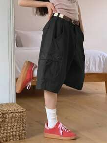 SHEIN x PRISCILA & JIMENA DAZY 女士实用口袋宽松低腰休闲百慕大短裤夏季 - 黑色 - 查看 3