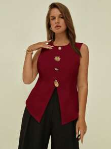 Auralis Blazer sin mangas elegante con decoración de botones dorados para mujer de talla grande, estilo casual de negocios para verano, elegante, crop top para salir, para mujeres, estilo antiguo dinero, top elegante y clásico