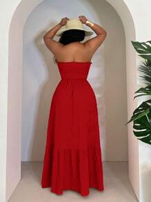 Slaydiva Women Plus Size Halter Neck Fuchsia Vacation Dress - Burgundy - View 2