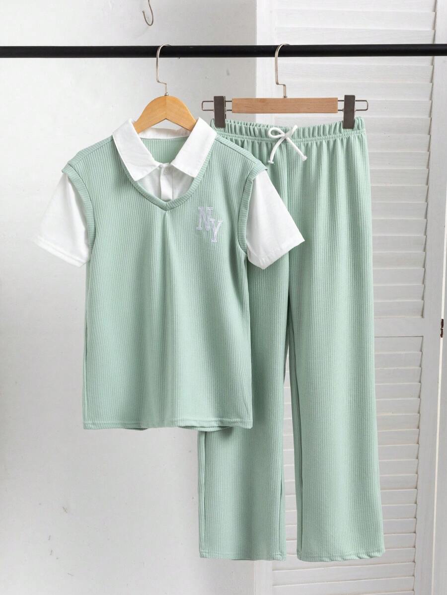 2件套青少年男童休闲校园风格二合一 Polo 衫和裤子套装 - 綠色 - 查看 1
