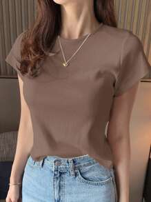 DAZY 1pc Women's Plain Crew Neck Short Sleeve Basic White T-Shirt, Spring/Summer,Business Casual Women - Coffee Brown - View 6