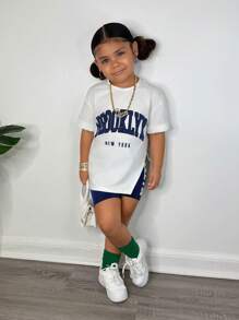 SHEIN 年轻女孩运动街头服饰春夏针织圆领短袖上衣+针织短裤套装 - 藏蓝色 - 查看 3