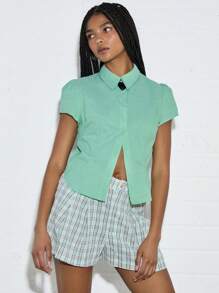 COUREZ Fitted Short Sleeves Shirt With Puff Sleeve ,Summer For Women ,Summer Top Going Out Top Casual ,Y2K Vacation Holiday 100% Cotton Vintage - Green - View 4