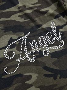 ROMWE Grunge Punk Y2K Punk Camouflage Hot Diamond Asymmetrical Neck Loose Women's T-Shirt - Army Green - View 4