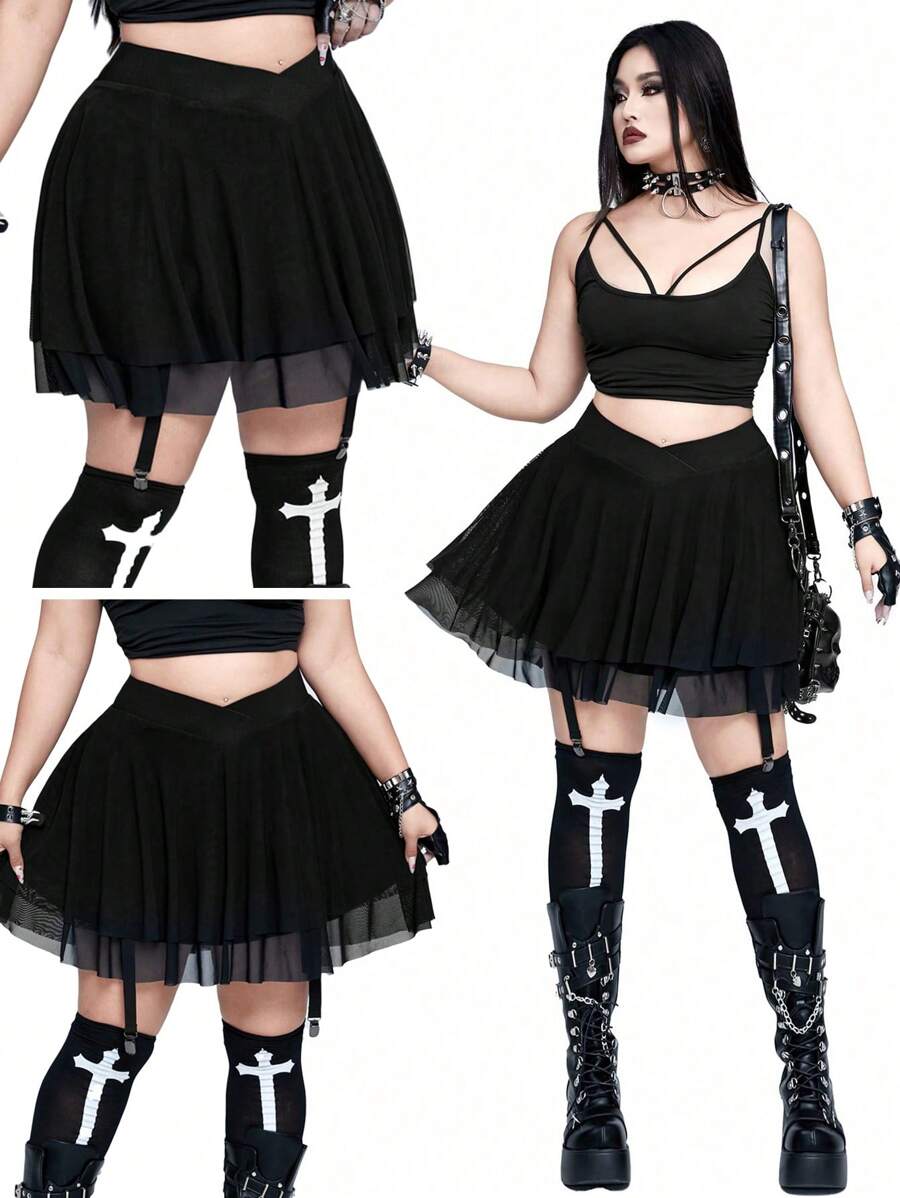 Flirla Casual Punk Rave Plus Size Punk Cross V-Waist Double Layer Mesh Skirt - Black - View 1
