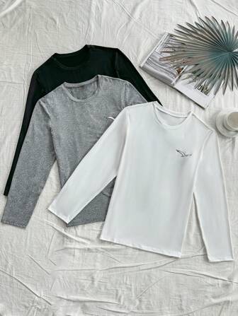CoupledUp 3pcs/Set Men's Black, White And Grey Minimalist Long Sleeve Crew Neck T-Shirts, Homewear Top