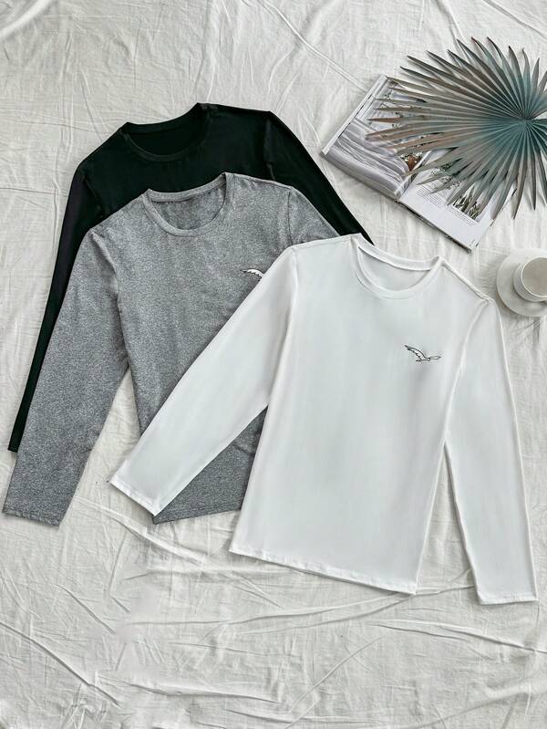 CoupledUp 3pcs/Set Men's Black, White And Grey Minimalist Long Sleeve Crew Neck T-Shirts, Homewear Top