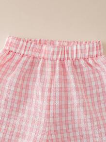 2Pcs Girls Summer Outfit: Satin Bow Decor White Round Neck T-Shirt + Pink Plaid Bell-Bottom Pants With Ruffle Hem, Casual Streetwear Summer Holiday - Multicolor - View 4