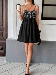 Serisse Women Summer Casual Contrast Color Spaghetti Strap Mini Dress Black Vacation Beach Holiday Resort - Black - View 2