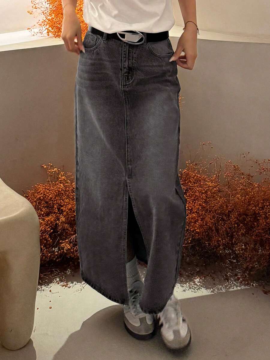 DAZY 做旧水洗褪色长款牛仔裙，带侧袋，适合女性，秋季服装，返校季服装，牛仔裙 - 深灰色 - 查看 1