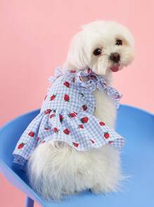 PETSIN 1pc Pet Dog Cat Universal Gingham Strawberry Print Cute Cap Sleeve Dress - Multicolor - View 5
