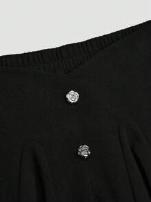 Celure Button Decor V-Shape Elastic Waist Fitted Short Skirt, Versatile For Plus Size - Black - View 7