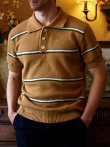 Manfinity Homme 男士条纹短袖休闲 Polo 针织毛衣 - 亮橙色 - 查看 4