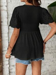 SHEIN Maternity Solid Color Round Neck Embroidered Short Sleeve Casual T-Shirt - Black - View 2