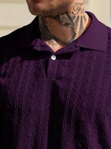 Manfinity Homme Men's Solid Color Textured Fabric Short Sleeve Casual Polo Shirt - Purple - View 2