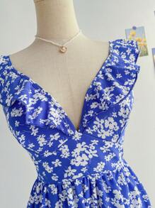 Soleia Allover Floral Print Ruffle Trim Romper - Blue and White - View 5