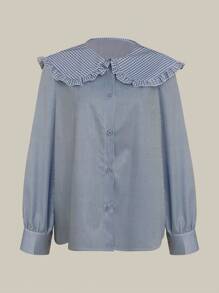 INAWLY 女式彼得潘领格子条纹长袖休闲衬衫、长袖上衣 - 彩色 - 查看 4