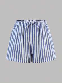 SHEIN Teen Girl Striped Low-Rise Shorts For Summer Vacation Beach Casual Shorts Home Shorts - Blue and White - View 4