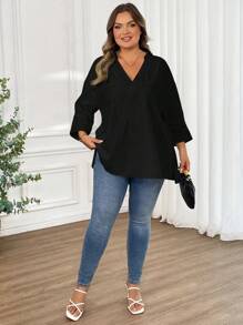 SHEIN CURVE+ 大码女式纯色翻领七分袖宽松休闲衬衫，适合海滩度假、海滩休闲、毕业典礼、下午茶等场合。 - 黑色 - 查看 6