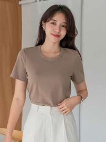 DAZY Camiseta Sólida De Cuello Redondo - Café integral - Ver 4
