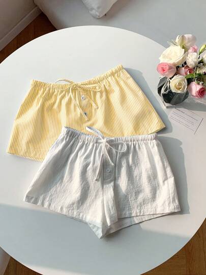 Comfortcana 2pcs Women Linen Striped Shorts,Butter Yellow