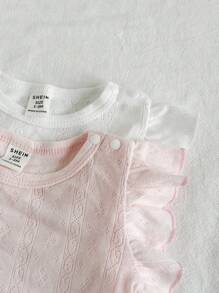 SHEIN 2 件套新生女婴纯色盖袖针织上衣，粉色和白色短袖背心，100% 纯棉面料，可爱休闲百搭柔软舒适，春夏新品，适合日常外出、度假、生日和派对，0-3 个月，婴儿服装，女婴上衣 - 彩色 - 查看 11