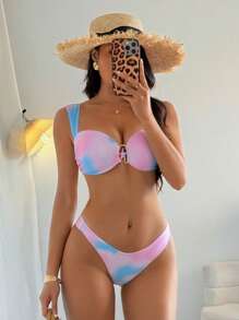 Selianne Summer New Women's 2pcs Beach Set, Gradient Random Starfish Print Wide Strap Bikini Set - Multicolor - View 4
