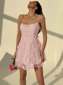 Aloruh Vestido entallado con escote de tirantes finos, malla y bordados románticos para la temporada de bodas y citas