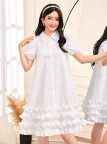 SHEIN Teen Girl Loose Casual Minimalist Collared Puff Sleeve Ruffle Detail Dress - White - View 5