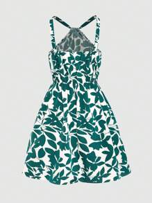 SHEIN Explorewe 少女连体欧美时尚优雅挂脖印花腰修身连衣裙，优雅大方，适合夏季婚礼宾客 - 綠色 - 查看 2