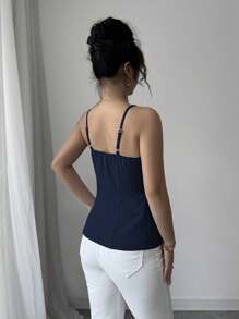 Elenzga Débardeur court tricoté avec fermeture à boutons, décolleté aux épaules, style blocs de couleurs bleu et blanc pour femmes