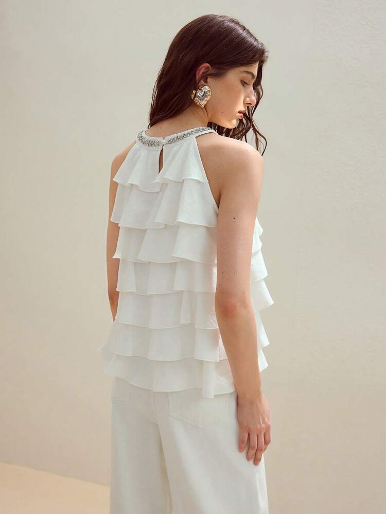 MOTF STUDIO RUFFLE TIERED LAYER HALTER TOP