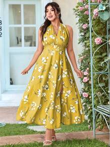 Allurite Women Plus Size Floral Print Side Split Hem Halter Neck Dress Wedding Day Wedding Guest - Yellow - View 6