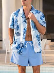 Manfinity Swimmode Plus Size Men's Tropical Print Shirt And Shorts Beach Outfit