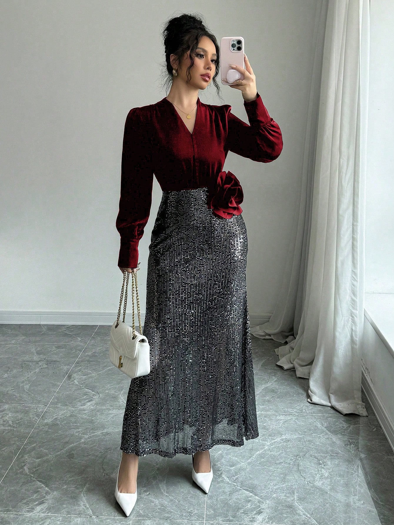 Chiquease فستان أنيق فرنسي الطراز بياقة حرف V وتقط...