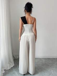 Elenzga Women's Asymmetric Shoulder Ruched Color-Block Jumpsuit - Apricot - View 2