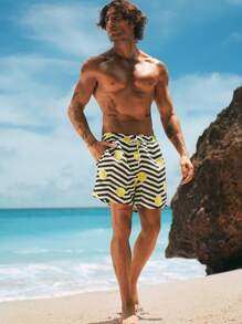 Manfinity VCAY Men's Summer Casual Beach Lemon Print Swim Trunks - Multicolor - View 3