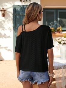 SHEIN LUNE Women's Oblique Shoulder Decorative Hollow Embroidered Jacquard Textured Fabric Casual Vacation Elegant T-Shirt - Black - View 2