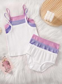 SHEIN 3pcs/Set Young Girl Casual Ribbed Knit Camisole Top And Triangle Shorts Set - White - View 1