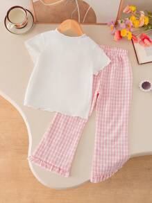 2Pcs Girls Summer Outfit: Satin Bow Decor White Round Neck T-Shirt + Pink Plaid Bell-Bottom Pants With Ruffle Hem, Casual Streetwear Summer Holiday - Multicolor - View 2