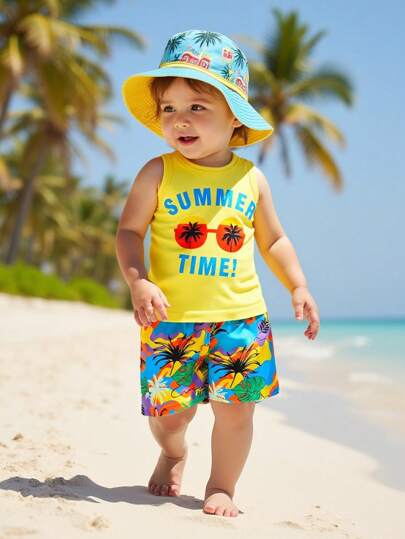 SHEIN Playful Pals Summer Tropical & Letter Printed Vest And Shorts Set For Baby Boys' Holiday Outfit